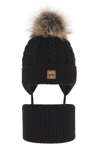 Ensemble d'hiver fille: bonnet et snood, noir, avec pompon, avec liens, Finess