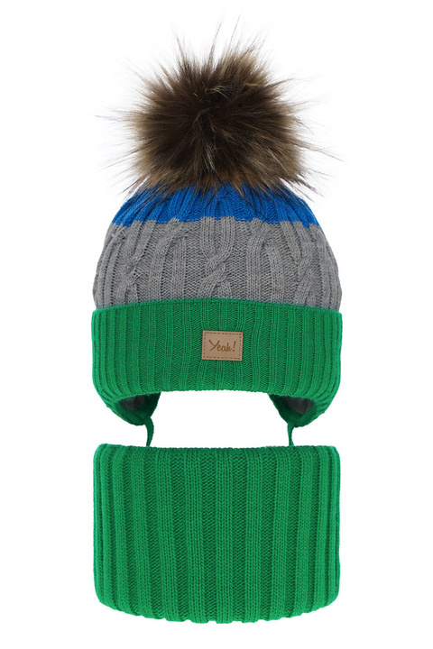 Jongens winter set muts en buissjaal, groen, met garen pompon, Maxwell