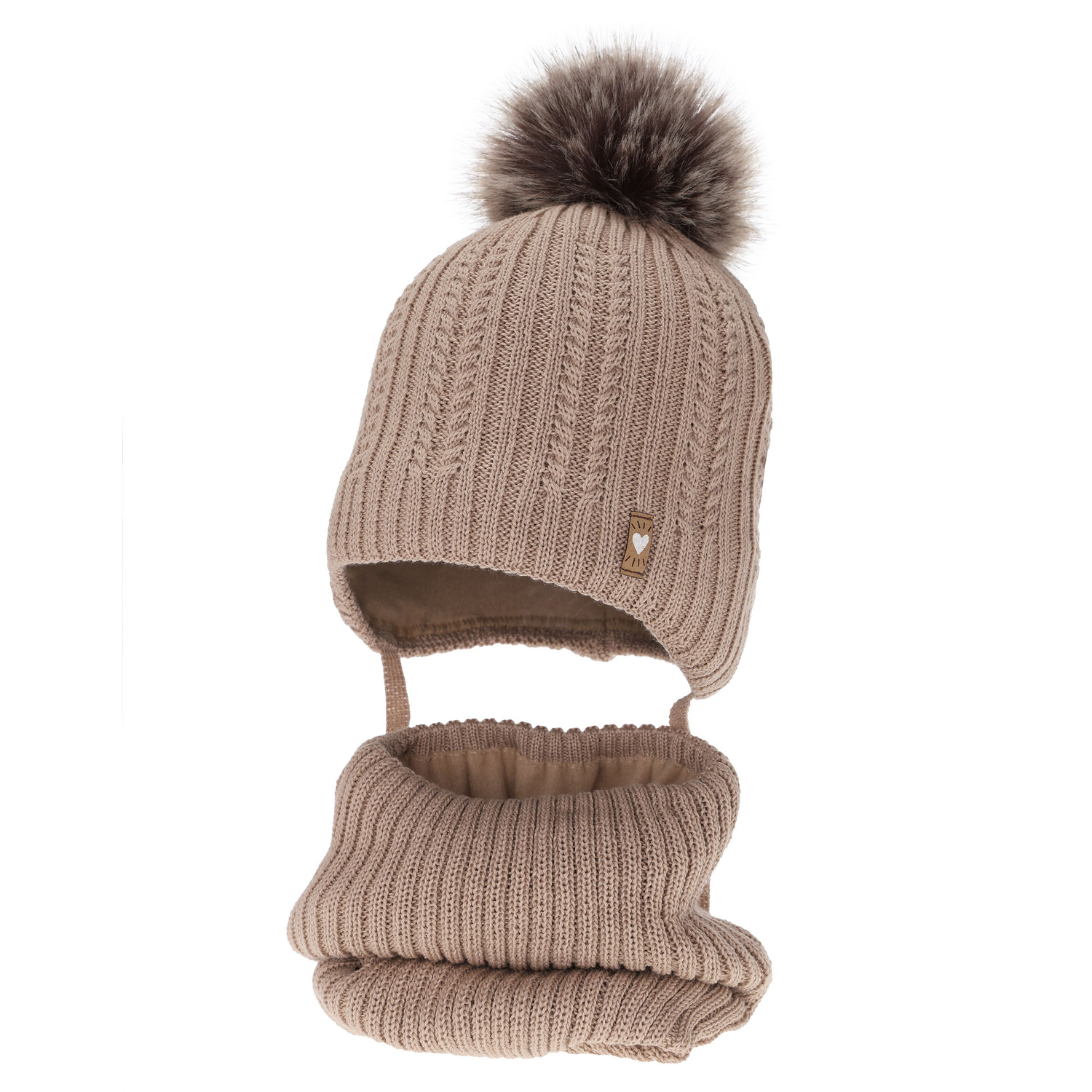 Ensemble d'hiver fille: bonnet et snood, beige, avec laine mérinos, avec pompon, avec liens, Muanda