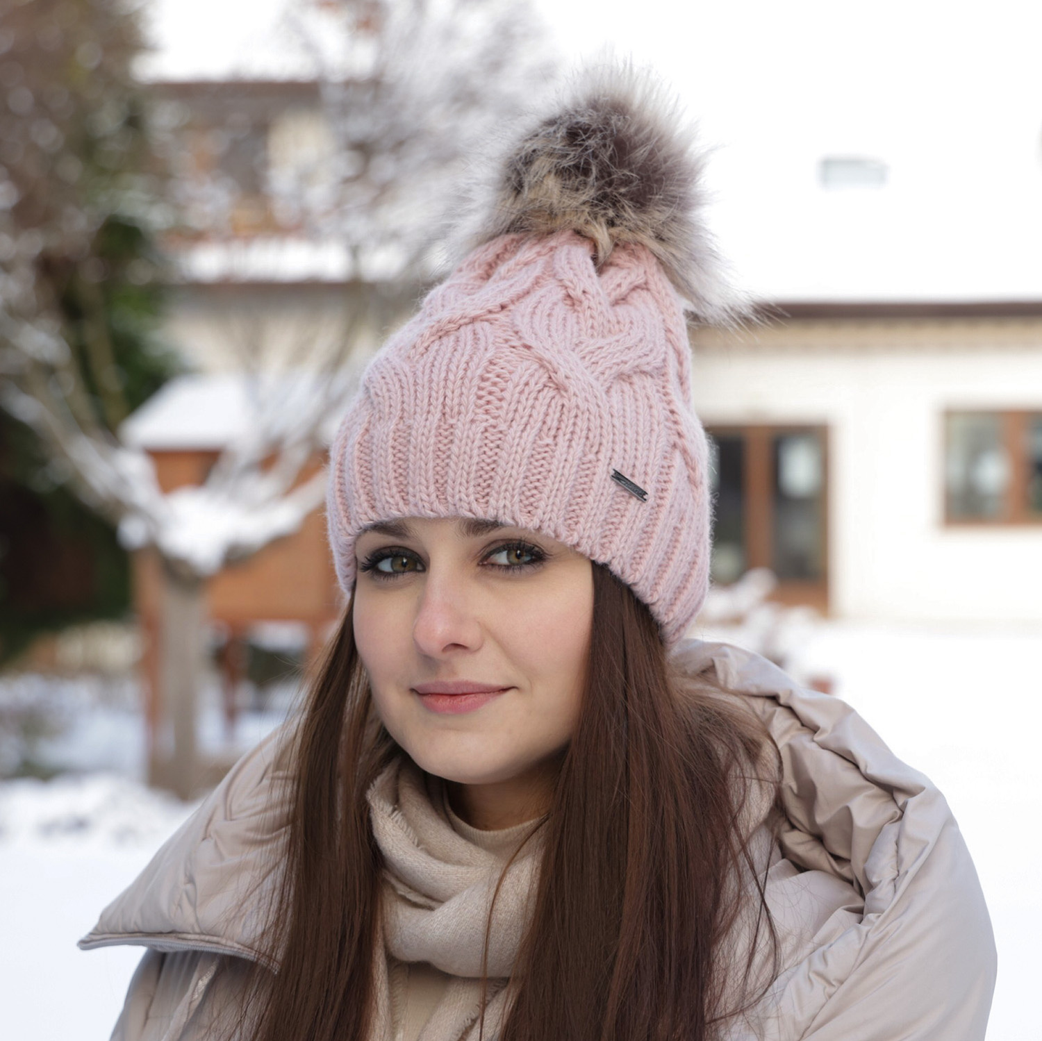 Bonnet d'hiver femme, blanc, avec pompon, Terri