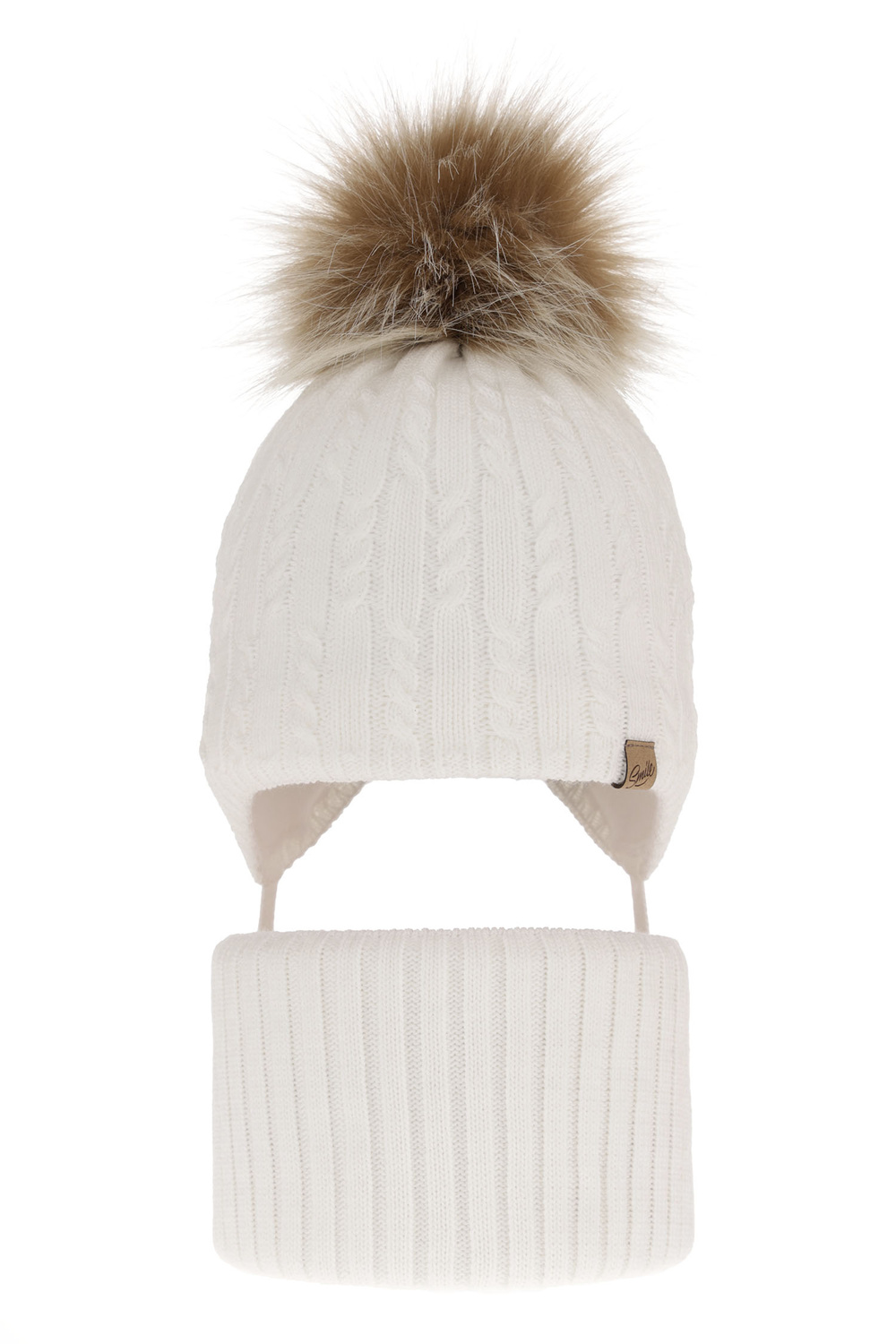 Ensemble d'hiver fille: bonnet et snood, blanc, avec pompon, Loreley
