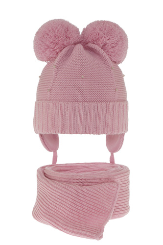 Ensemble d'hiver fille: bonnet et écharpe, rose, avec deux pompons, Fibien