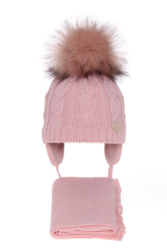 Meisjes winter set muts en sjaal, roze, met garen pompon, Morena