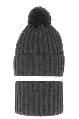 Jongens winter set muts en sjaal, grijs, met garen pompon, Wiliam