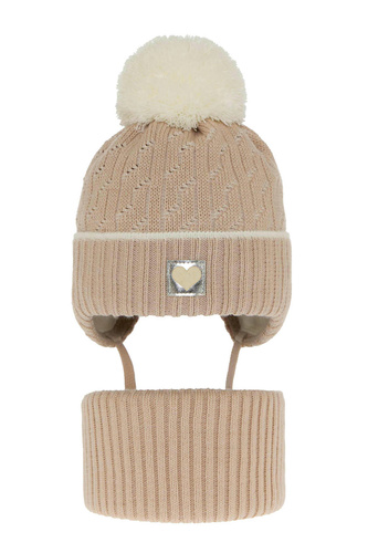 Ensemble d'hiver fille: bonnet et snood, beige, avec pompon, Natka