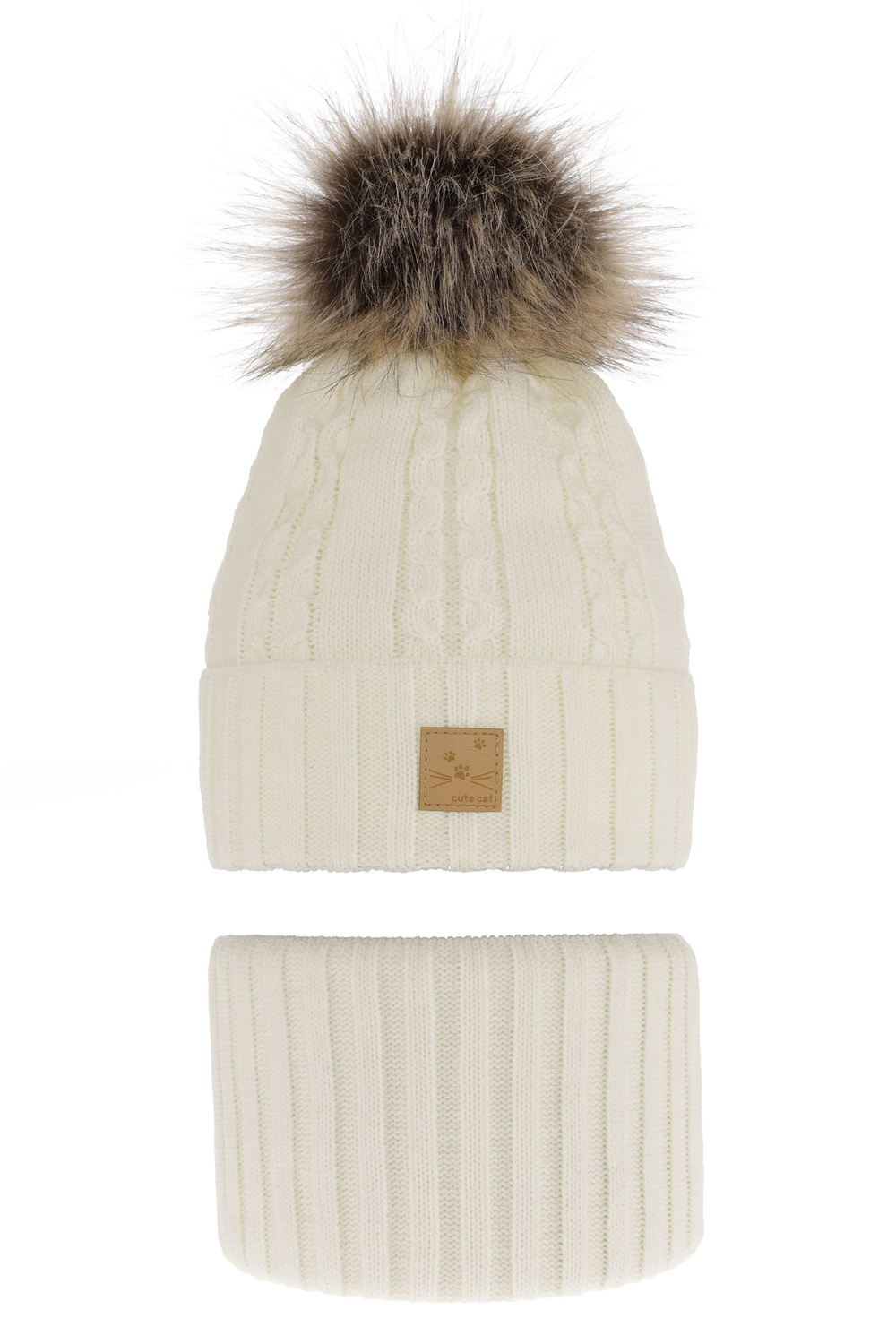 Ensemble d'hiver fille: bonnet et snood, crème, avec pompon, Alexia