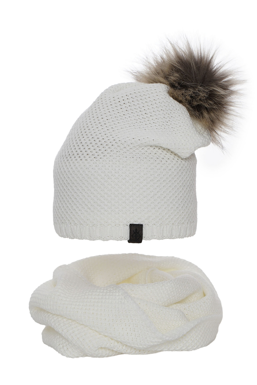 Dames winter set muts en buissjaal, wit, met garen pompon, Kaliana