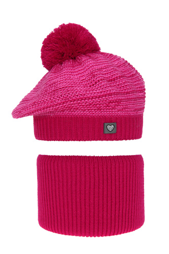 Meisjes winter set muts en buissjaal, roze, met garen pompon, Lira