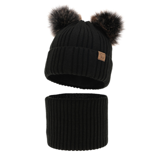 Ensemble d'hiver garçon: bonnet et snood, noir, avec deux pompons, Bilard