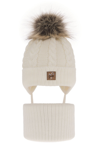 Ensemble d'hiver fille: bonnet et snood, crème, avec pompon, Finess