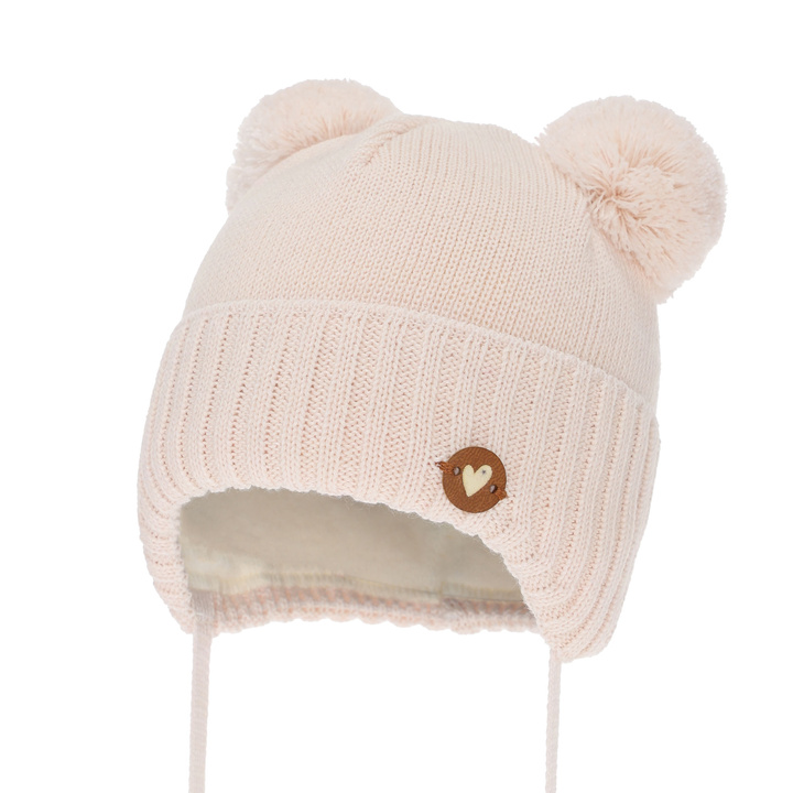 Meisjes wintermuts, lichtroze, met bindkoorden, met merinowol, Mesyna