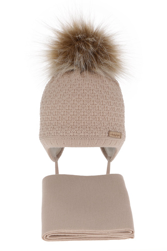 Ensemble d'hiver fille: bonnet et écharpe, beige, avec pompon, Clotilde