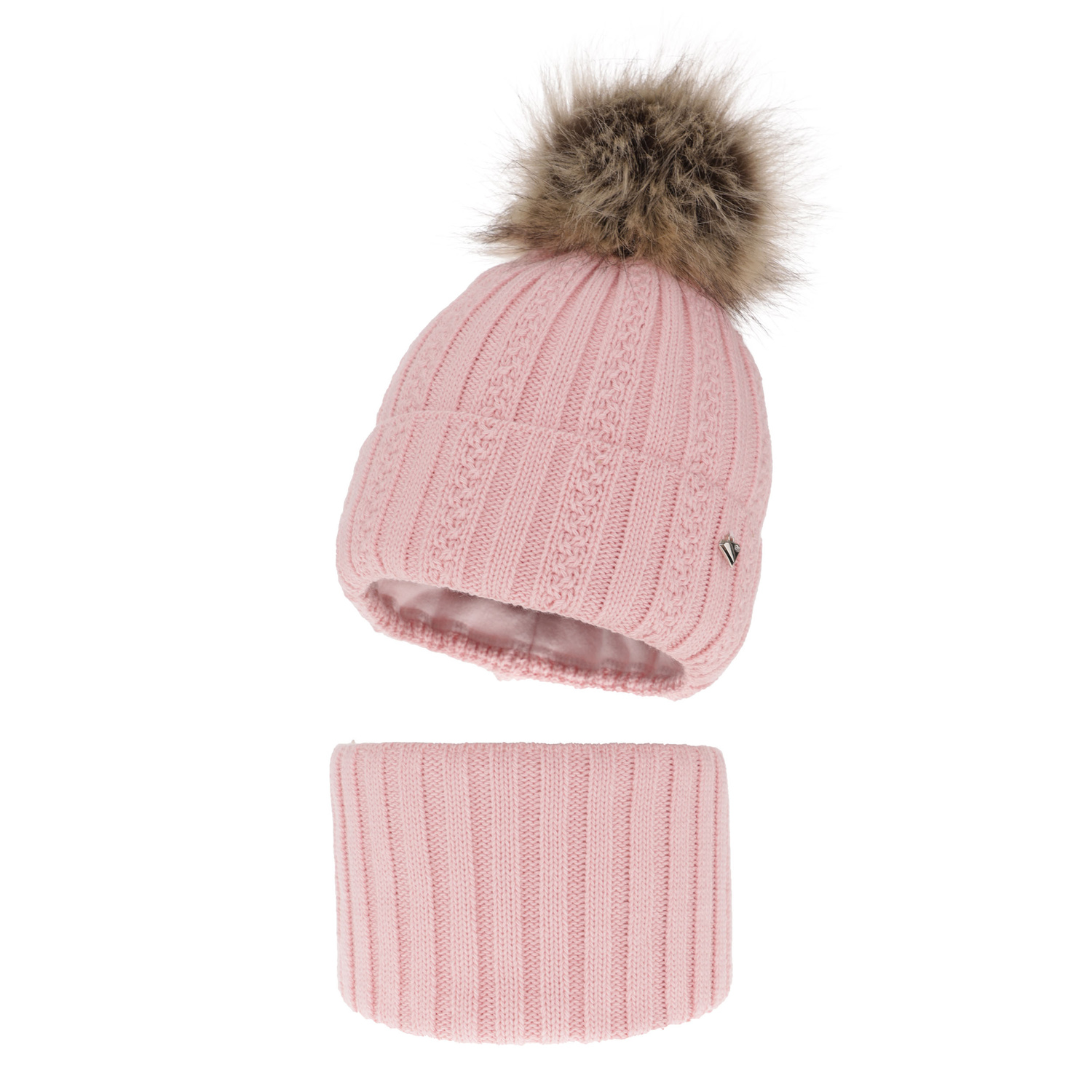 Ensemble d'hiver fille: bonnet et snood, rose, avec pompon, Wirginia