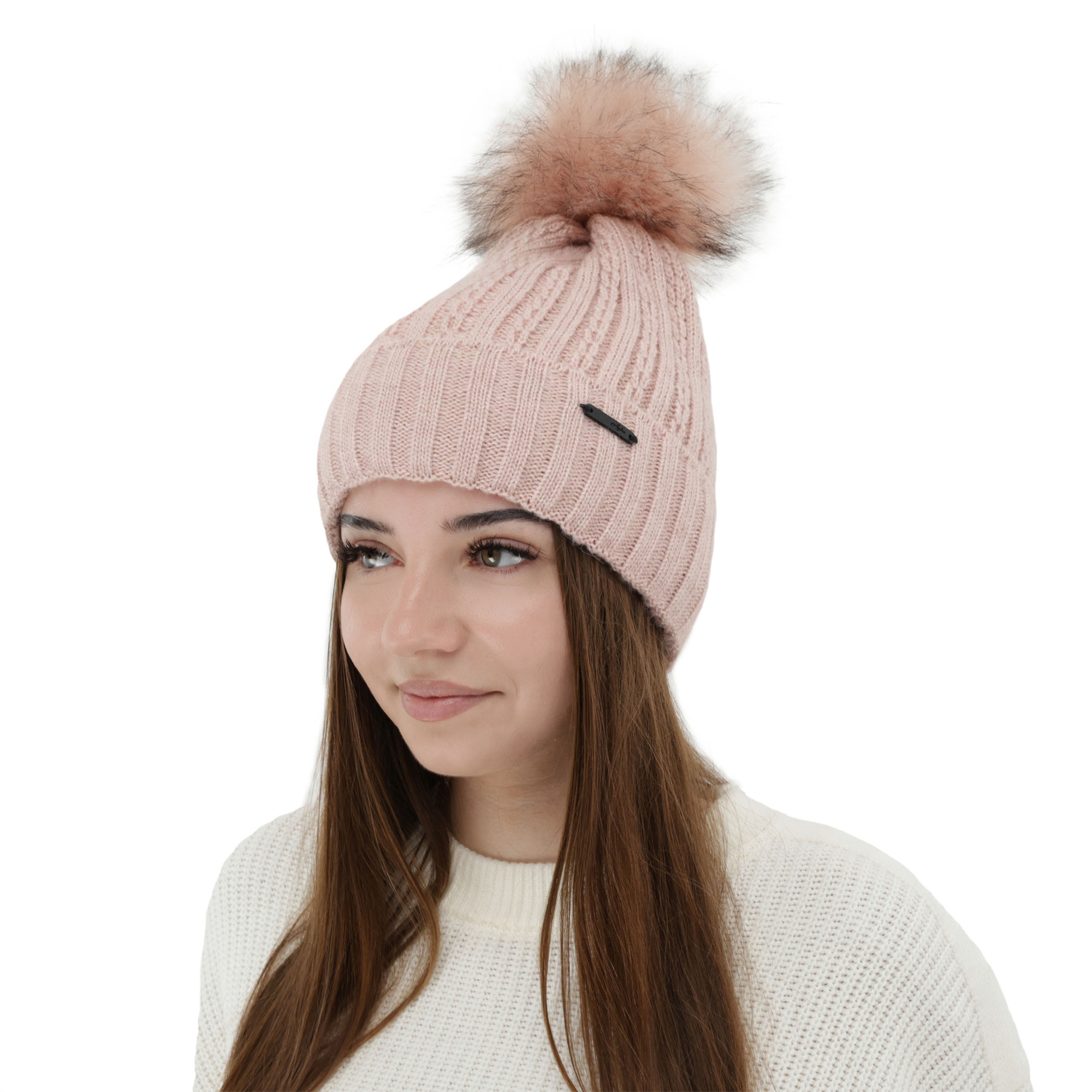 Bonnet d'hiver femme, beige, avec pompon, Karizma