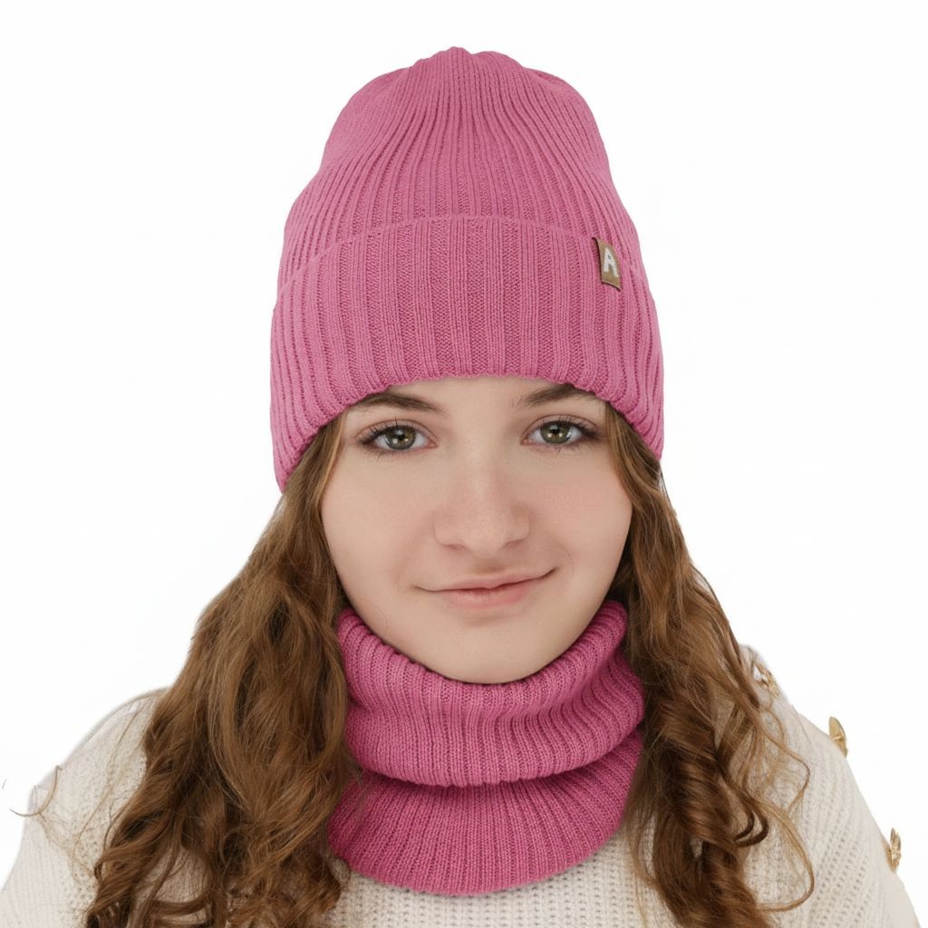 Ensemble d'hiver fille: bonnet et snood, rose, avec laine mérinos, doublé de polaire, Peggy