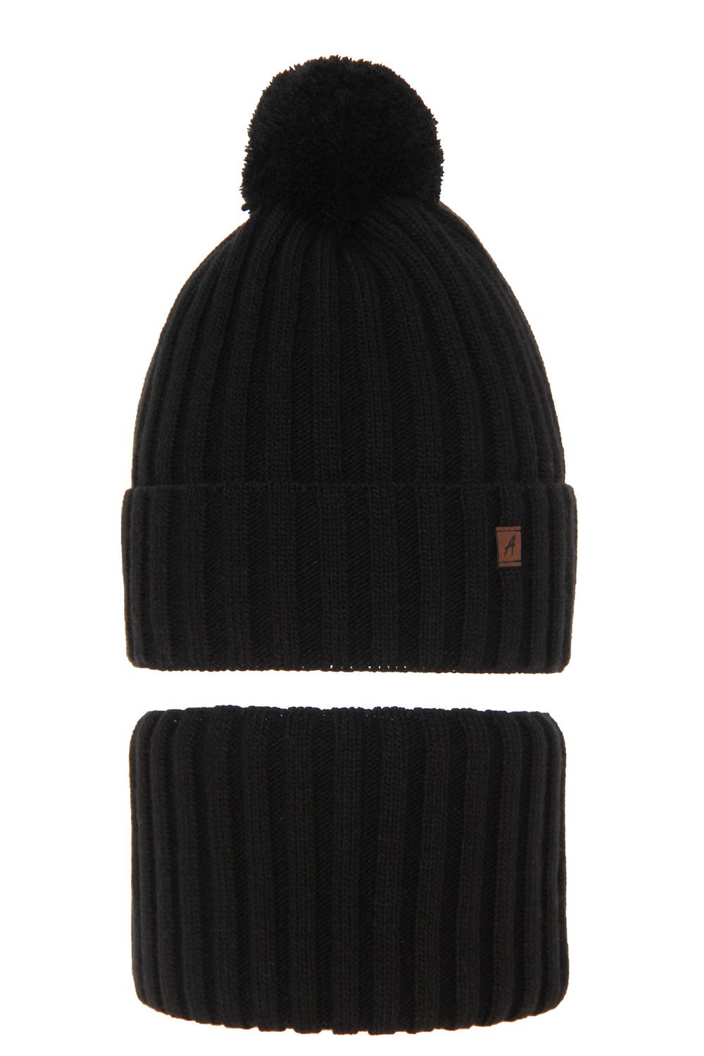 Jongens winter set muts en sjaal, zwart, met garen pompon, Wiliam