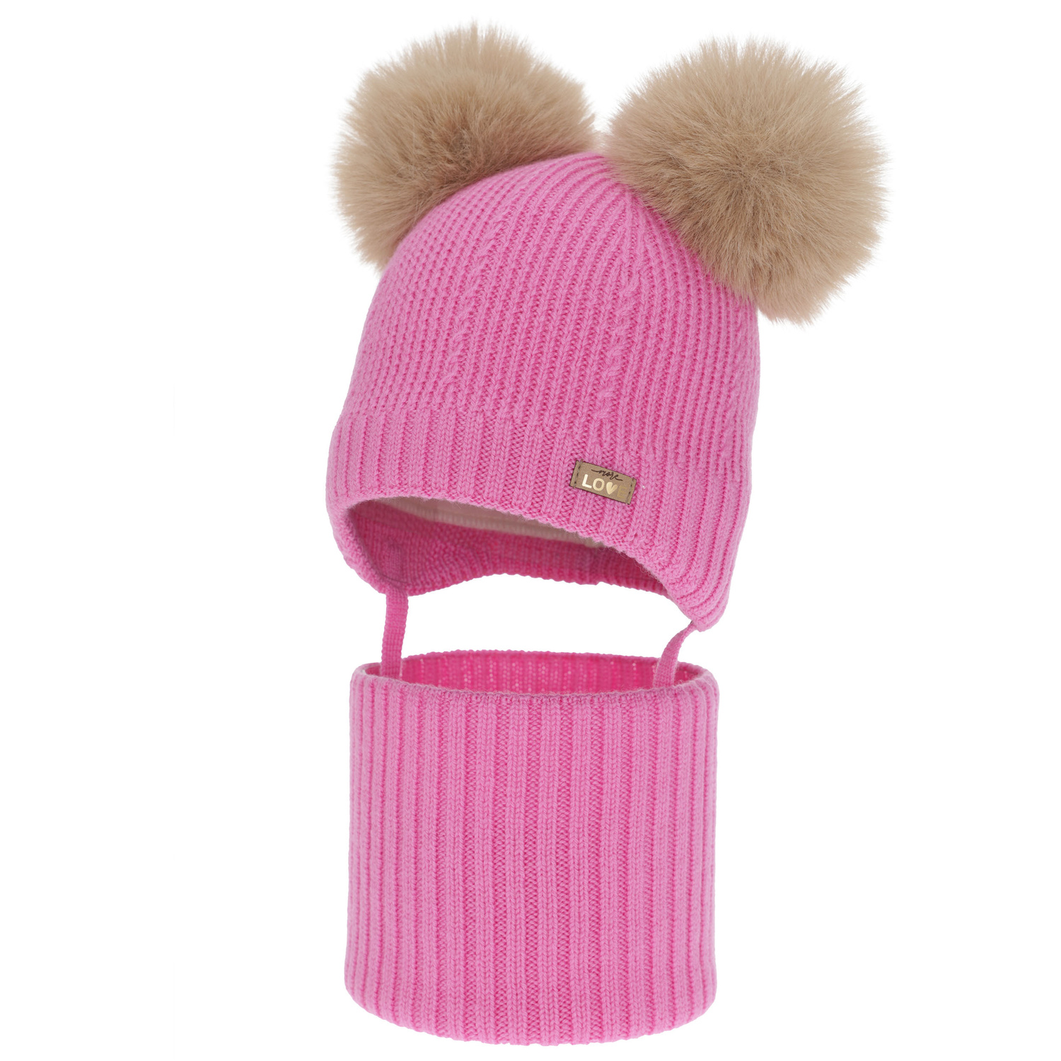 Meisjes muts en col, winter set, roze, 100% merinowol, gevoerd met wollen fleece, Lumia