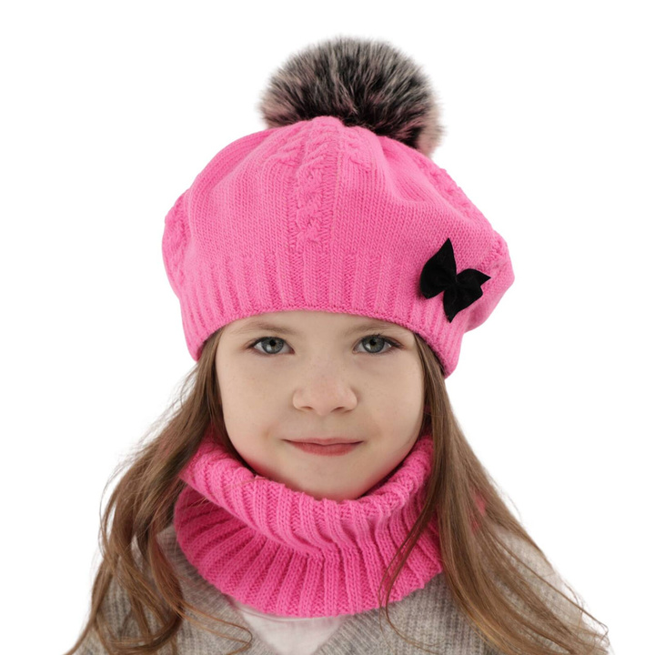 Meisjes winter set muts en buissjaal, roze, met garen pompon, Amora