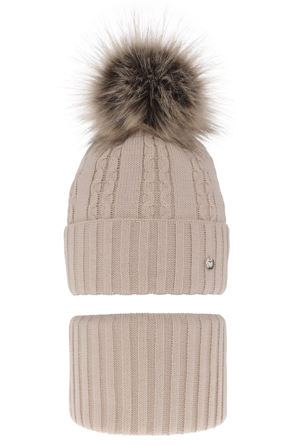 Ensemble d'hiver fille: bonnet et snood, beige, avec pompon, Felia
