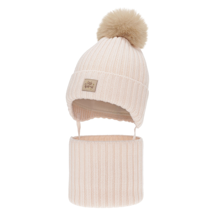 Meisjes winter set: muts en buissjaal, lichtroze, 100% Merino Wol, met bindkoorden, gevoerd met katoen, Malesia