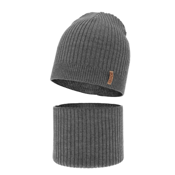Ensemble automne/printemps garçon: bonnet et snood, gris, avec laine mérinos, Chester