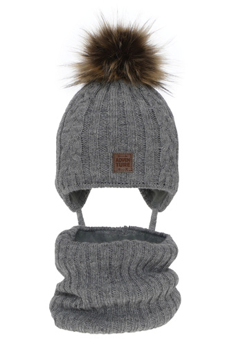 Jongens winter set muts en sjaal, grijs, met garen pompon, met bindkoorden, Casper