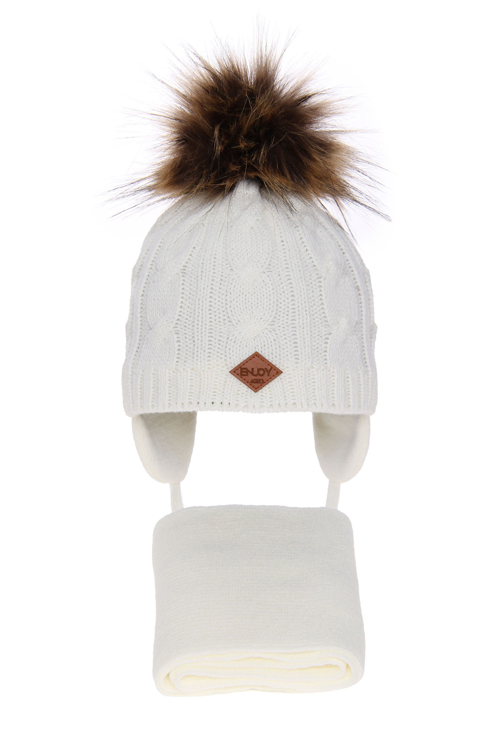 Jongens winter set muts en sjaal, crème, met garen pompon, met bindkoorden, Minor