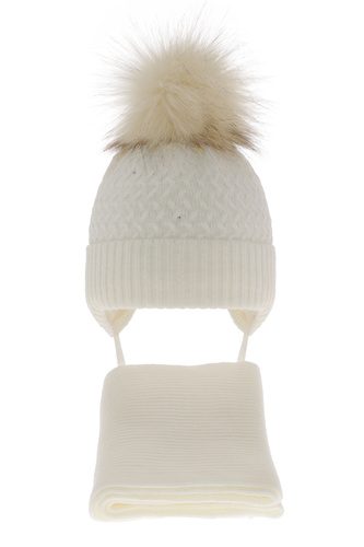 Ensemble d'hiver fille: bonnet et écharpe, crème, avec pompon, avec liens, Zelta