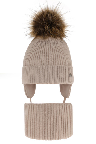 Ensemble d'hiver fille: bonnet et snood, beige, avec pompon, Debra
