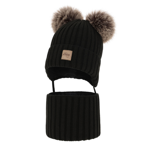 Ensemble d'hiver garçon: bonnet et snood, noir, avec deux pompons, avec liens, Orange