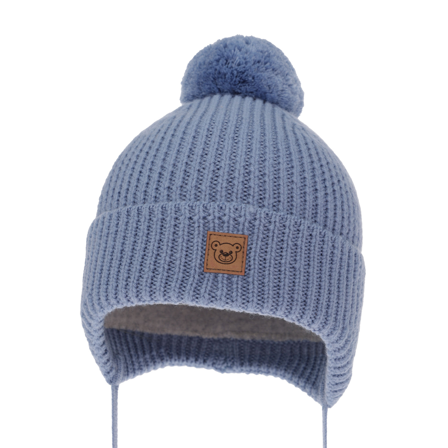Bonnet d'hiver garçon, bleu, avec laine mérinos, doublé de coton, avec liens, Tofik