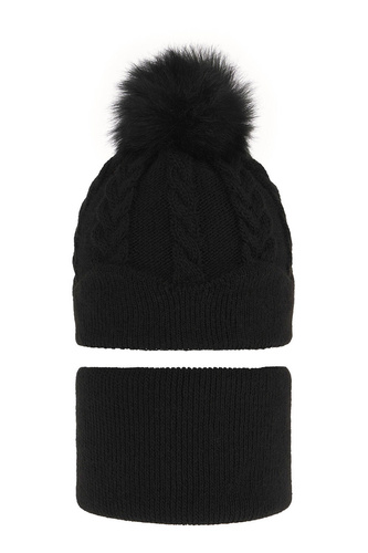 Ensemble d'hiver fille: bonnet et snood, noir, avec pompon, Etula