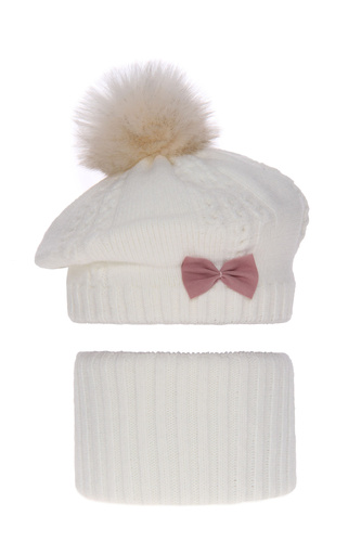 Meisjes winter set muts en buissjaal, crème, met garen pompon, Amora