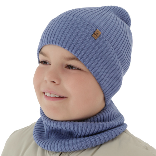 Ensemble automne/printemps garçon: bonnet et snood, bleu, avec laine mérinos, Lemas