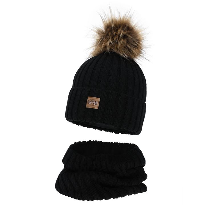 Meisjes winter set (muts en buissjaal), zwart, gevoerd met fleece, met merinowol, Bellina