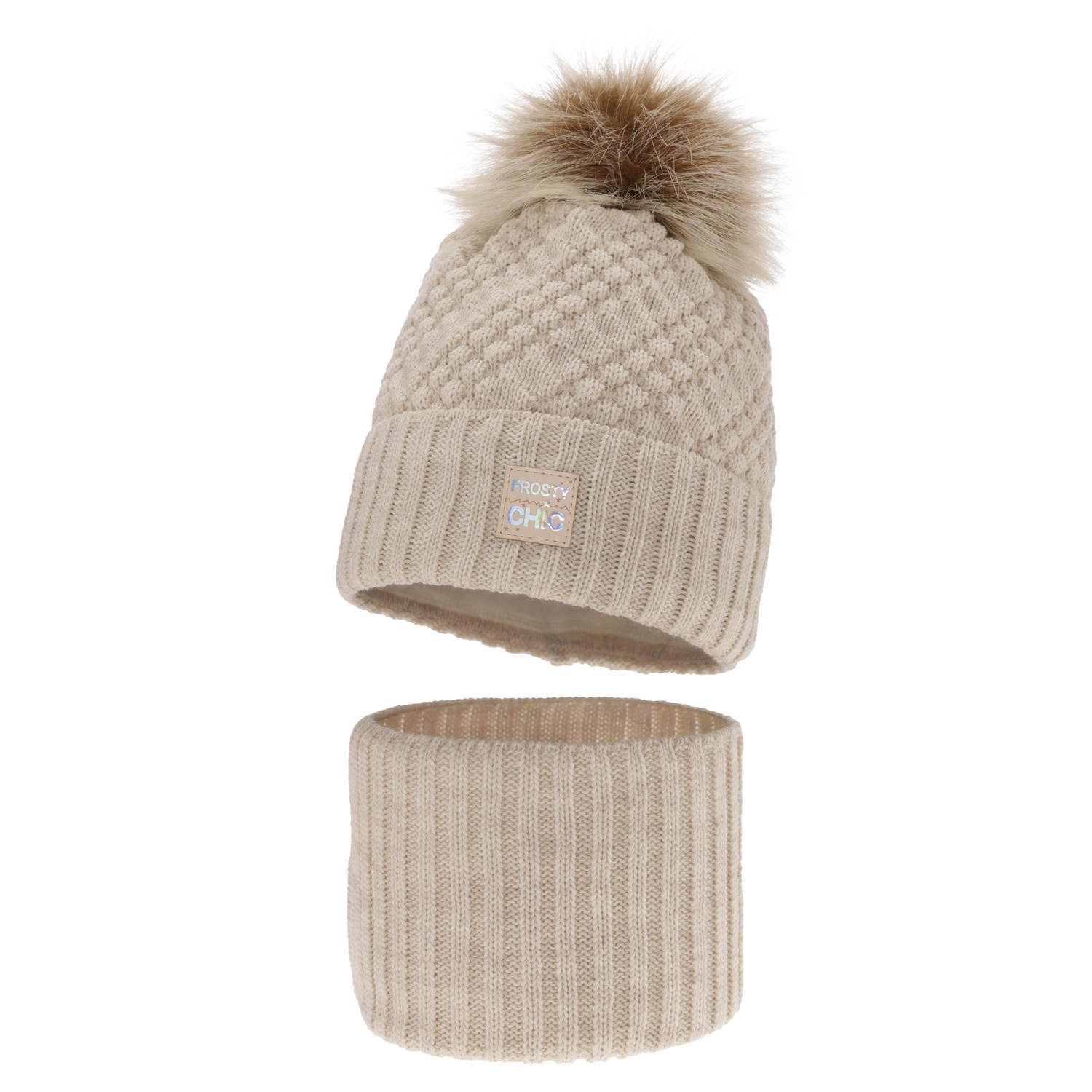 Ensemble d'hiver fille: bonnet et snood, beige, avec pompon, Alena