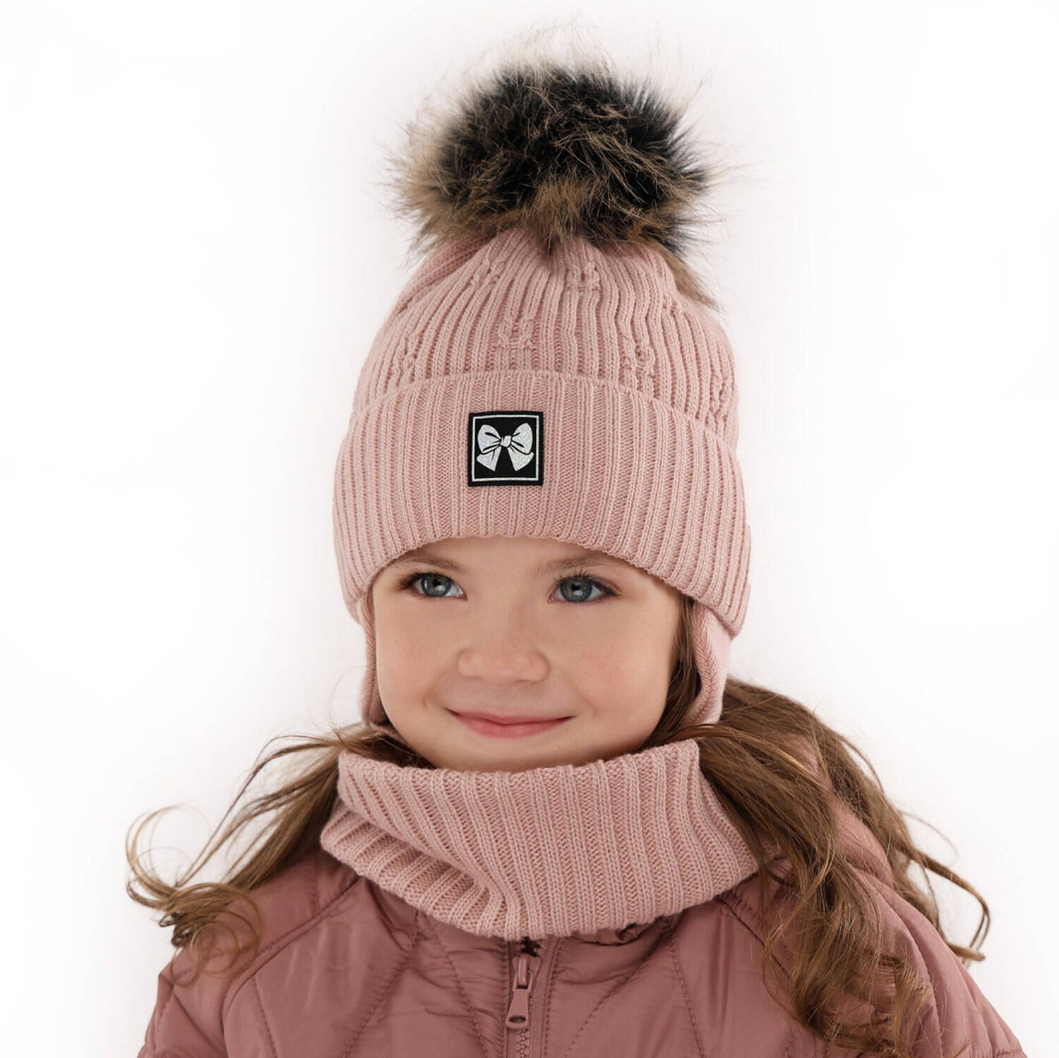 Ensemble d'hiver fille: bonnet et snood, crème, avec pompon, Kinia