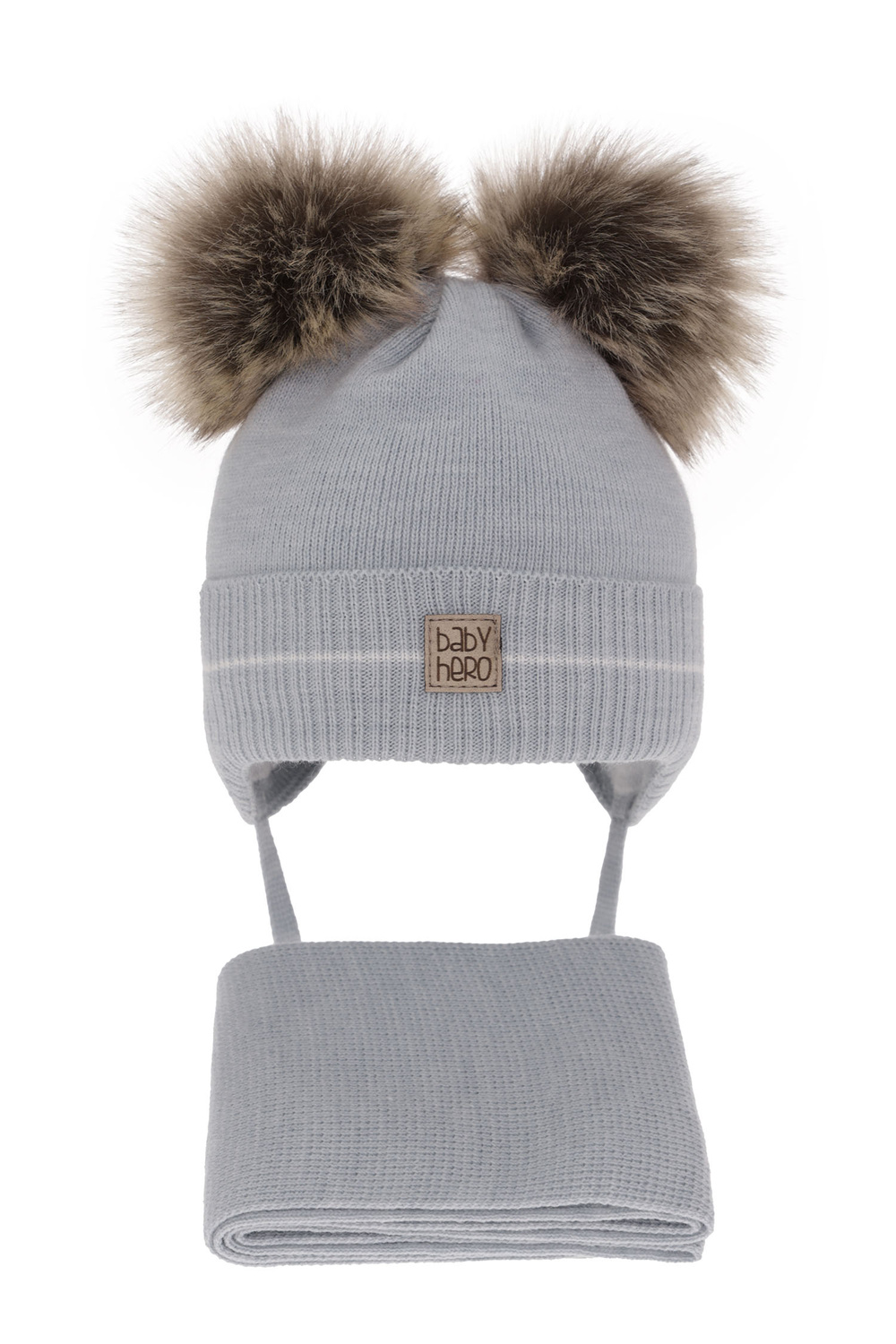 Ensemble d'hiver garçon: bonnet et écharpe, bleu clair, avec deux pompons, wiązany Melon