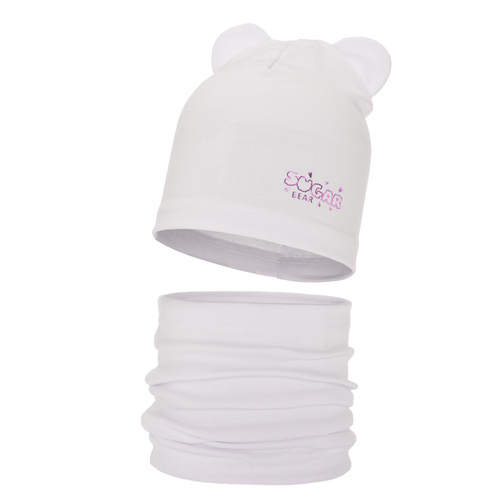 Ensemble automne/printemps fille: bonnet et snood, blanc, en coton, Cyntia