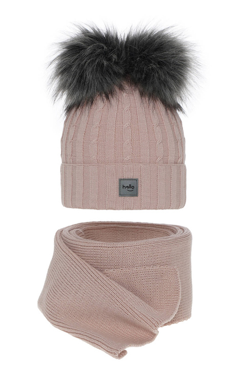 Ensemble d'hiver fille: bonnet et écharpe, rose, avec deux pompons, Zenda