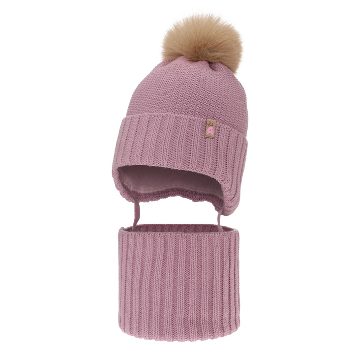 Ensemble d'hiver fille: bonnet et snood, violet, avec pompon, Kaya