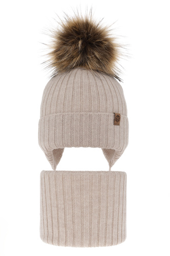 Ensemble d'hiver garçon: bonnet et snood, beige, avec liens, avec laine mérinos, Juno