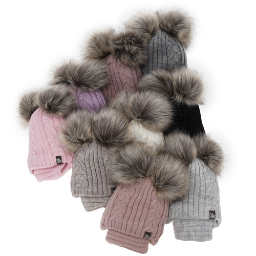 Meisjes winter set muts en buissjaal, roze, met twee pompons, met bindkoorden, Marlen