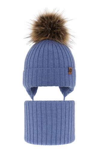 Ensemble d'hiver garçon: bonnet et snood, bleu, avec laine mérinos, avec liens, Juno