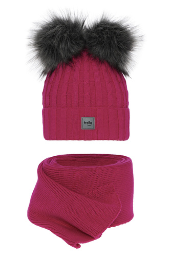 Ensemble d'hiver fille: bonnet et écharpe, rose, avec deux pompons, Zenda