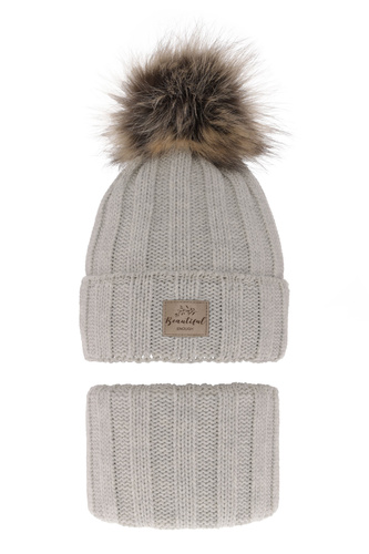 Ensemble d'hiver fille: bonnet et snood, gris, avec pompon, Kaliope