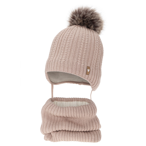 Ensemble d'hiver fille: bonnet et snood, beige, avec laine mérinos, avec pompon, avec liens, Muanda
