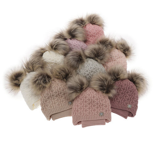 Ensemble d'hiver fille: bonnet et snood, beige, avec deux pompons, avec liens, Poliana