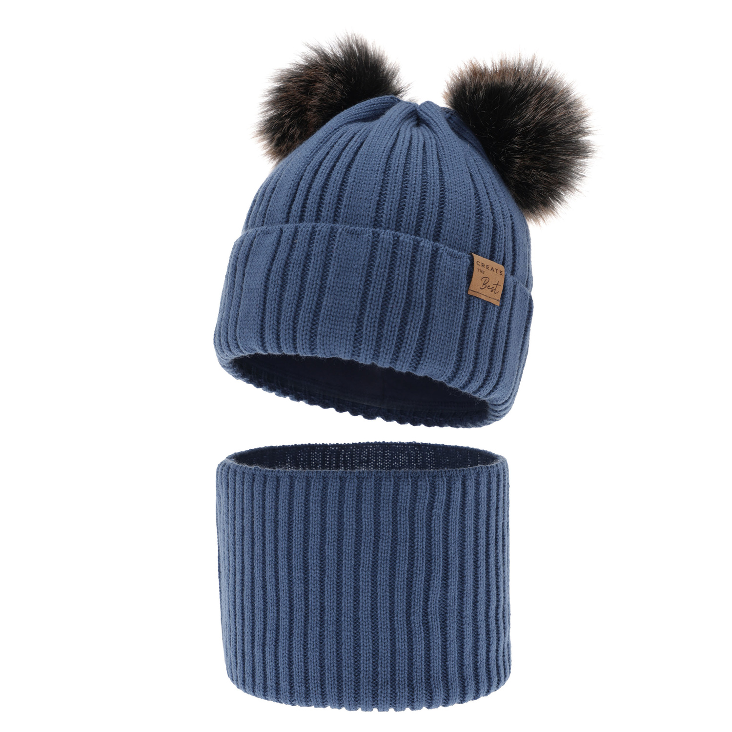 Ensemble d'hiver garçon: bonnet et snood, bleu, avec deux pompons, Bilard