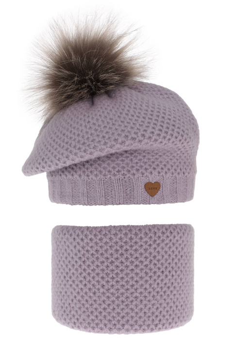 Ensemble d'hiver fille: beret et snood, violet, avec pompon, Francesca